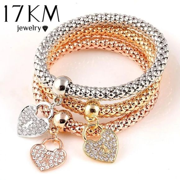 3Pcs Gold Color Heart Charm Elastic Bracelets For Women Pulseras Bracelet Cute M - Picture 2 of 4